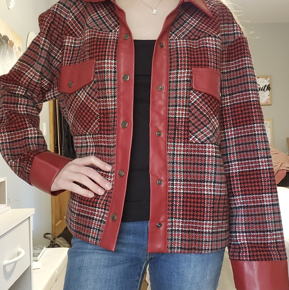 Plaid Red, Black & White Jacket with Faux Leather Accents